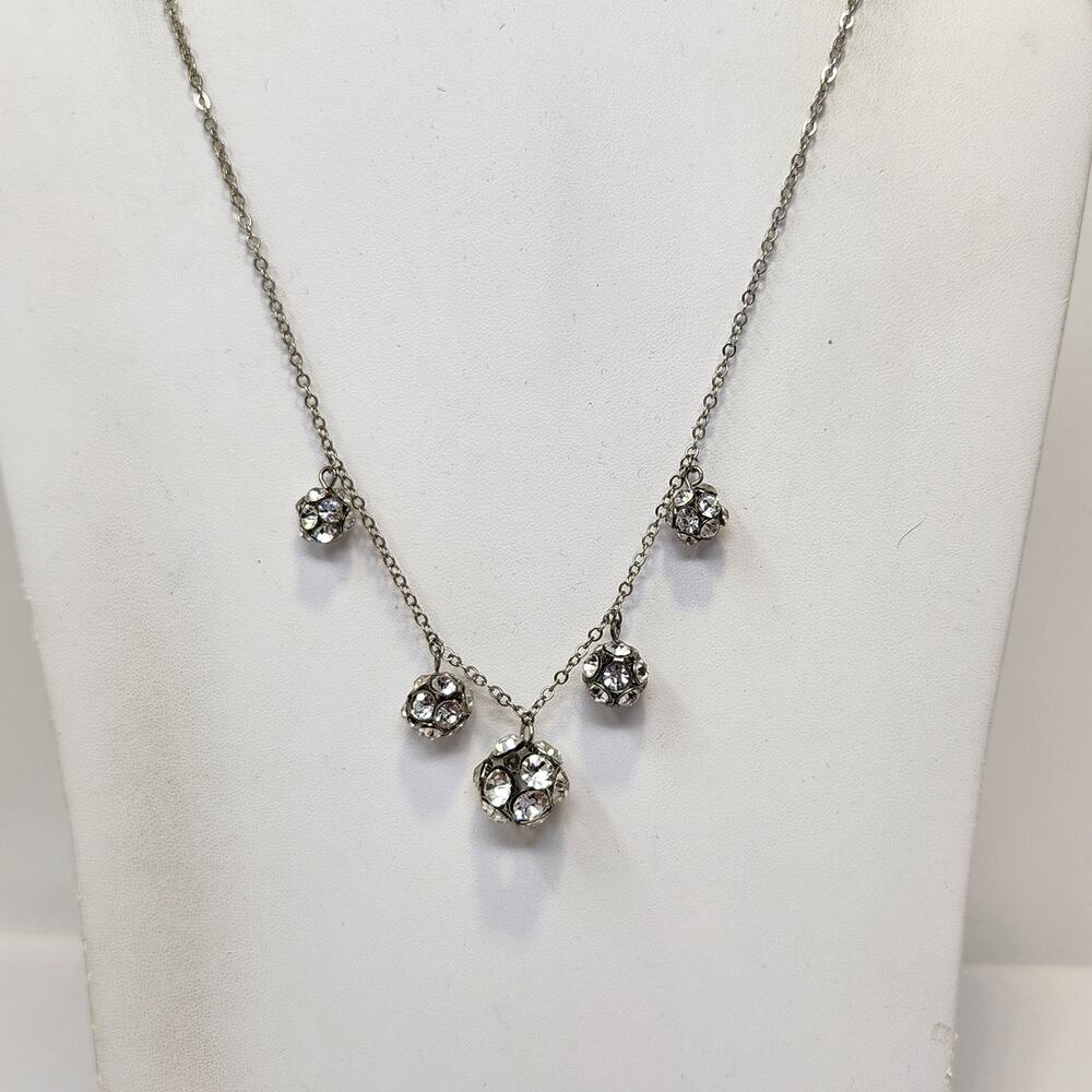 BT Jeweled Rhinestone Bauble Ball Silver Tone Chain Necklace Adjustable New